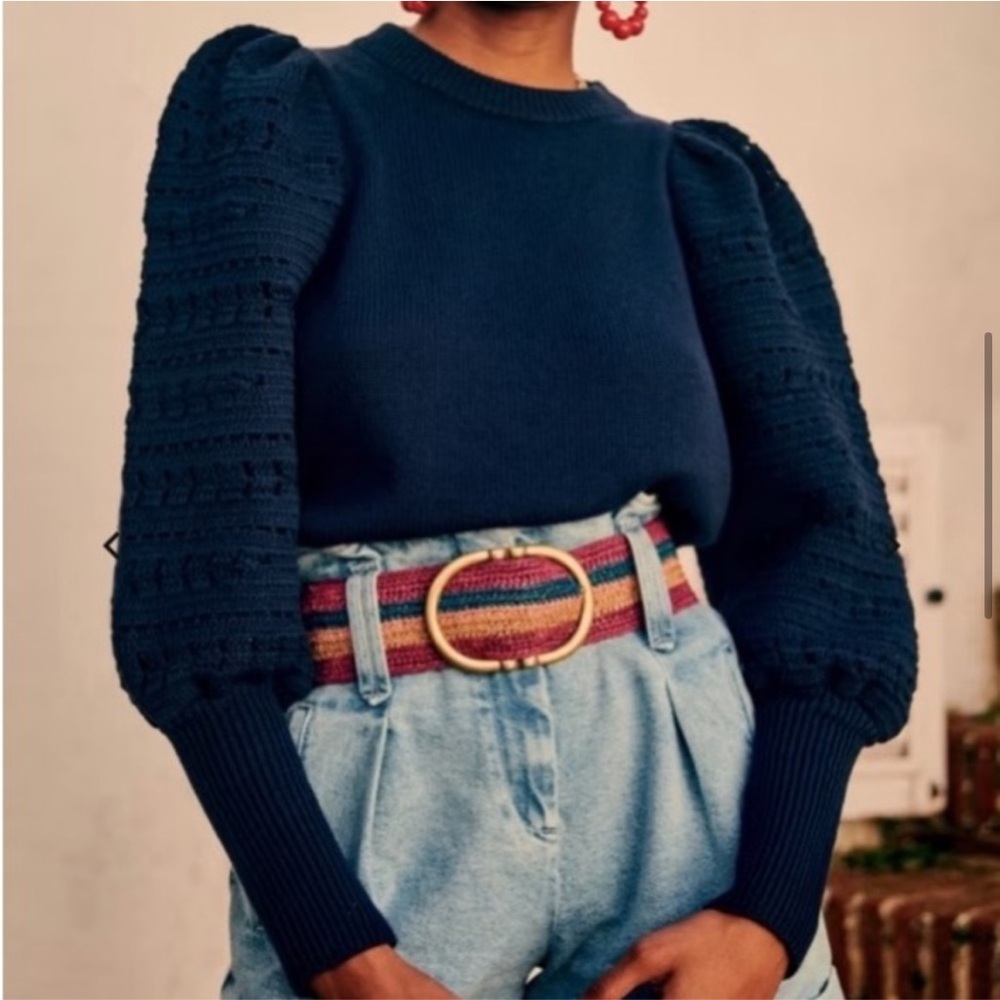 Sezane Navy Puff-Sleeve Crewneck Sweater